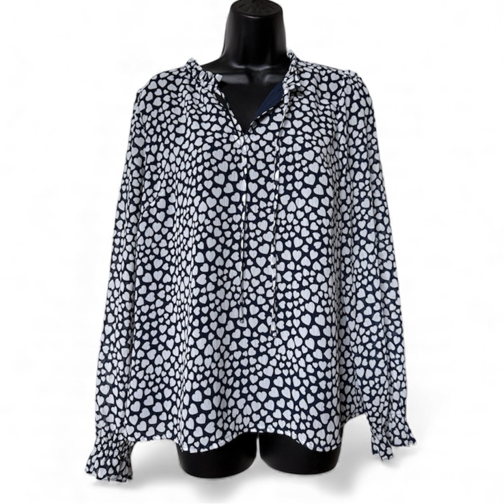 J. Crew Factory antique navy Blue Ivory Long-sleeve tie-neck ruffle top hearts M